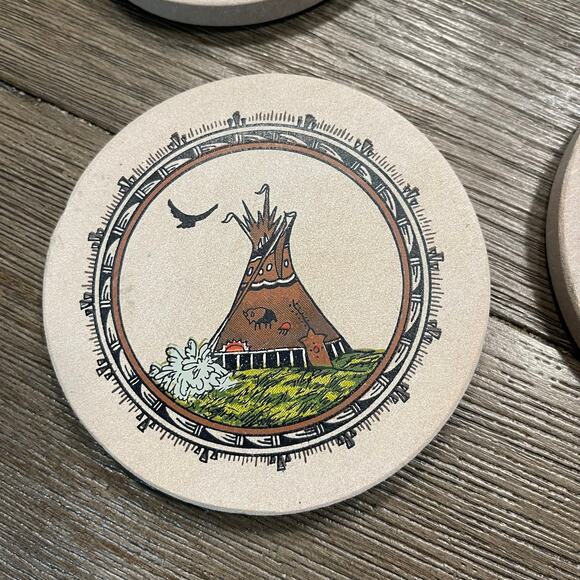 Tee Pee Plaza Sandstone Coasters, Native American, Set of 4, New - Picture 2 of 6